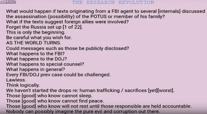 Q avisa de que se publicarán correos de directivos del FBI planeando el asesinato de Trump; después, tráfico y sacrificios de humanos…