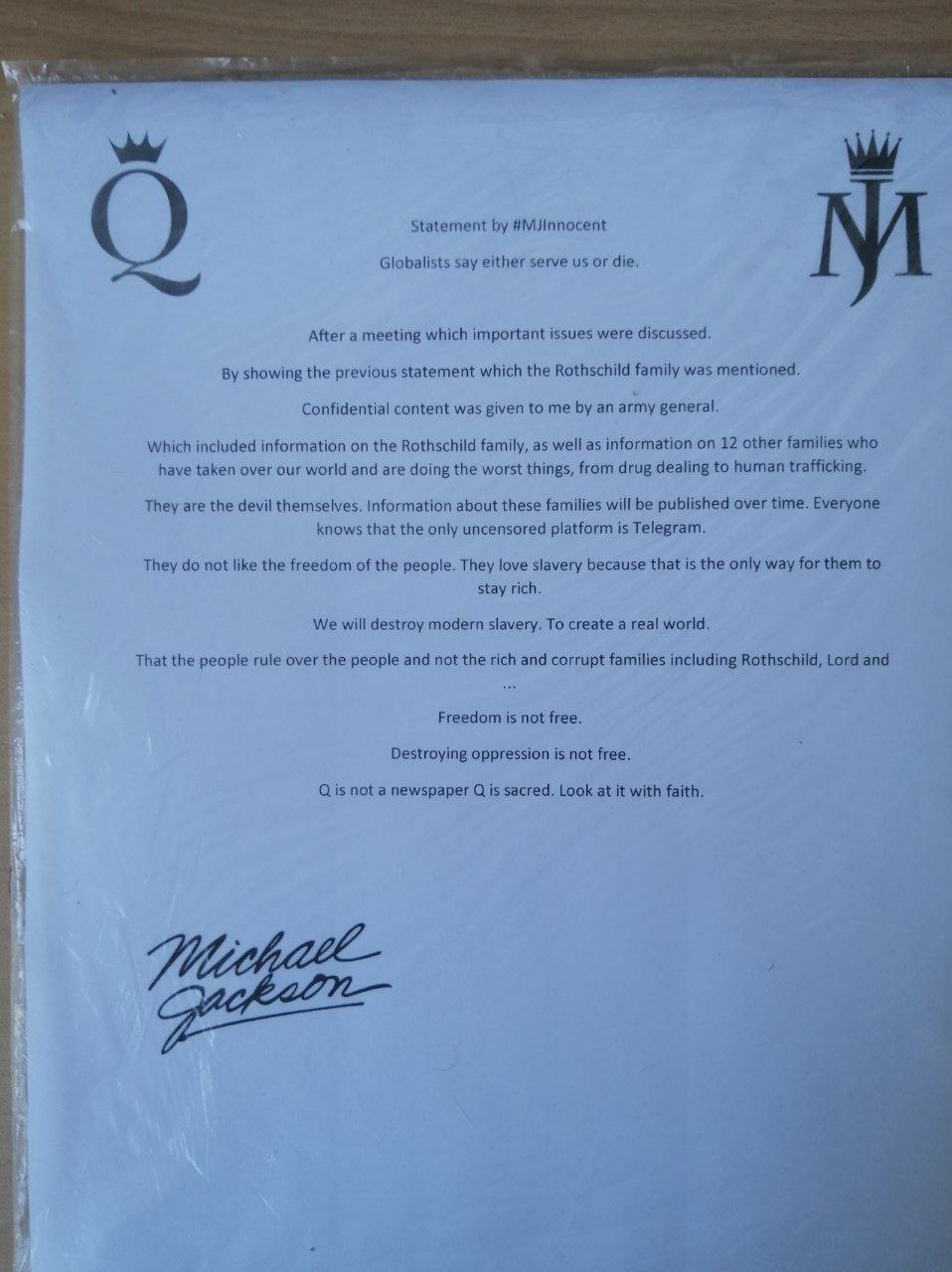 En su segundo comunicado, Michael Jackson revela que la familia Rothschild le amenazó de muerte y los militares de Q vinieron en su ayuda